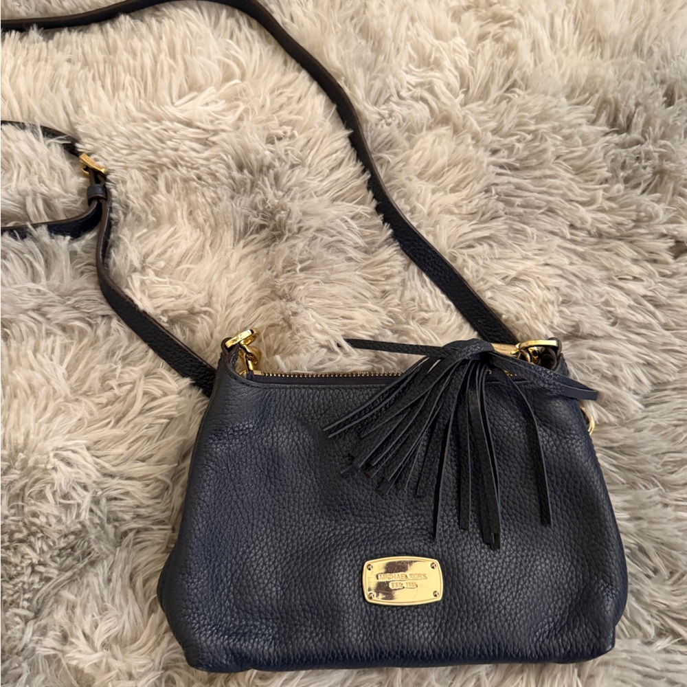 Michael Kora Navy Blue and Gold Crossbody Bag with Smooth Leather
